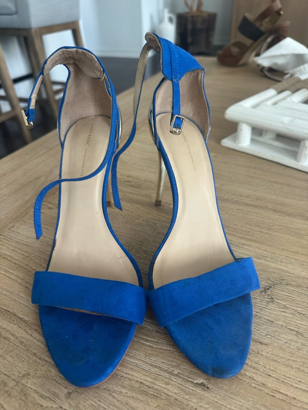 Blue Suede Ankle Strap High-Heel Sandals
